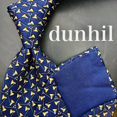 【美品】dunhill ネクタイ 幾何学模様 総柄 ネイビー イエロー ロゴ