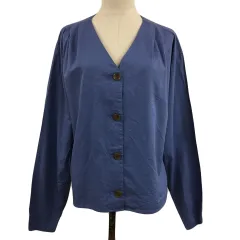 ニコアンド Niko and.. シャツ ブラウス Vネック 無地 長袖 4(L) 青 ブルー