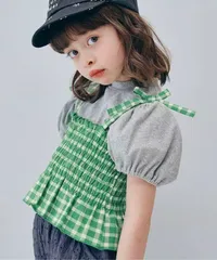 先染めチェックのシャーリングビスチェ＆トップスセット リンク セットアップ可　グリーン　p.premier P207066