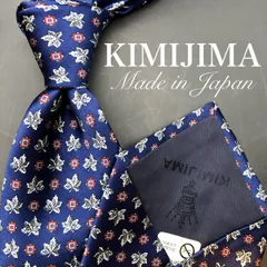 【美品】KIMIZIMA ネクタイ 総柄 小紋柄 ネイビー リーフ柄 光沢感