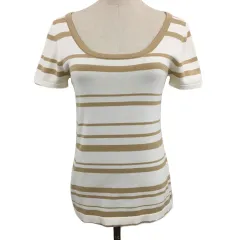 ルスーク Le souk カットソー ニット プルオーバー Uネック ラメ ボーダー 半袖 38 白 ベージュ ホワイト
