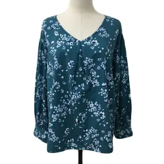 ニコアンド Niko and.. ブラウス カットソー プルオーバー Vネック 総柄 長袖 M 緑 紺 グリーン ネイビー