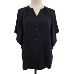 グローバルワーク GLOBAL WORK カットソー ブラウス キーネック 無地 フレンチスリーブ 半袖 M 紺 ネイビー