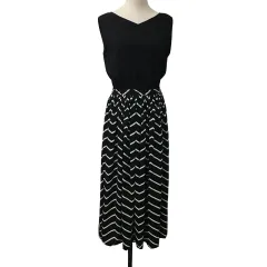 アズールバイマウジー AZUL by moussy ワンピース フレア プリーツ ロング 切替 ウエストゴム ボーダー ノースリーブ M 黒 白 ブラック ホワイト