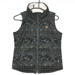 【超美品】フィラゴルフ 中綿リバーシブルベスト カーキ×黒 ボーダー調 チェック カモフラ風 レディース M ゴルフウェア FILA GOLF