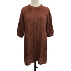 サマンサモスモス SM2 シャツワンピース チュニック ミニ 薄手 ストライプ 五分袖 F 赤 茶 レッド ブラウン