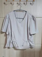 Vネックシャーリングブラウス パフ半袖&MIXXOカーディガン