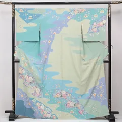 訪問着 袷 身丈166cm 裄丈66cm 正絹 Sランク XLサイズ 広衿 セミフォーマル 絞り ちりめん 辻が花 落款 水色系 緑系 1212-15892