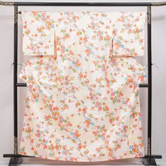 小紋 洗える着物 袷 身丈162cm 裄丈64cm ポリエステル Sランク Lサイズ 広衿 インフォーマル 梅 楓 クリーム系 1215-16011