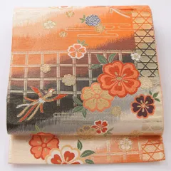 振袖用 袋帯 帯丈432cm 六通 Bランク 正絹 尾長鳥 桜 ピンク系 1223-02211