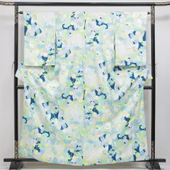 小紋 洗える着物 袷 身丈162cm 裄丈64cm ポリエステル Bランク Lサイズ 広衿 インフォーマル 花柄 多色系 青系 1215-16231