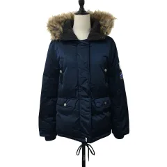 ロキシー ROXY ジャケット ダウン ブルゾン ジップアップ フード ワッペン ロゴ フェイクファー ボア 長袖 S 紺 ネイビーのサムネイル