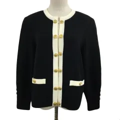 マダムジョコンダ MADAM JOCONDE ジャケット ニット ノーカラー ウール 長袖 M 黒 白 ブラック ホワイト