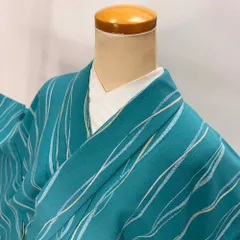 小紋 単衣 洗える着物 裄66cm 身丈164.5cm 青 花柄 お洒落着 普段着 ポリエステル 美品 M サイズ 5281