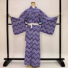 小紋 単衣 洗える着物 裄67cm 身丈134cm 紫 花柄 お洒落着 普段着 ポリエステル 美品 L サイズ 5285