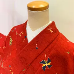 小紋 単衣 洗える着物 裄67.2cm 身丈160cm 赤 花柄 お洒落着 普段着 ポリエステル 美品 L サイズ 5287