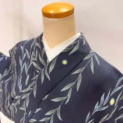 小紋 単衣 洗える着物 幅広 大きい 裄70cm 身丈162.5cm グレー 紺 花柄 お洒落着 普段着 ポリエステル 美品 LL サイズ 5291