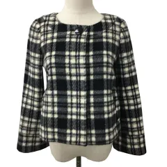 ナチュラルビューティーベーシック NATURAL BEAUTY BASIC ジャケット ノーカラー シングル チェック ウール 長袖 S 黒 白 ブラック ホワイト