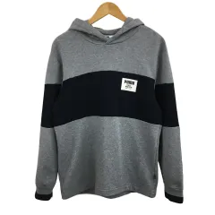 プーマ PUMA パーカー フーディー プルオーバー ロゴ プリント 長袖 S グレー 黒 ブラック