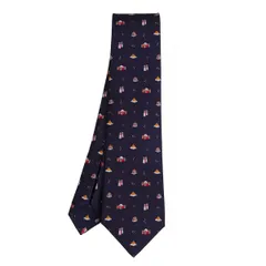 ブルガリBVLGARI シルク建造物プリントネクタイ 紺