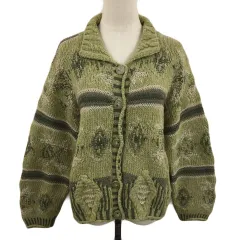 ロートレアモン LAUTREAMONT カーディガン ニット オープンカラー 総柄 ウール アルパカ混 長袖 M 緑 ベージュ グリーン