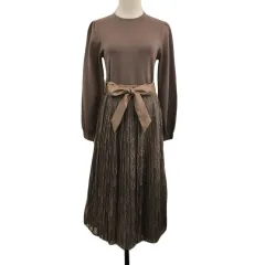 ミッシュマッシュ MISCH MASCH セットアップ ワンピース ニット フレア 長袖 スカート プリーツ 総レース ウエストゴム ロング リボンベルト 無地 M 茶 ブラウン