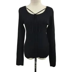 ページボーイ PAGE BOY カットソー ニット プルオーバー ラウンドネック リブ 無地 リボン 長袖 F 黒 ブラック