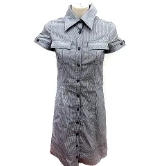 インディヴィ INDIVI シャツワンピース Aライン ひざ丈 半袖 ストライプ 36 黒 ブラック 白 ホワイト /RT