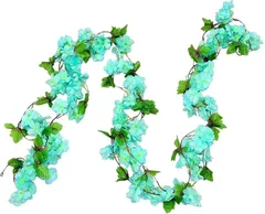AhhYouMe（アーユーミー） 造花 フェイクフラワー 桜 ガーランド 吊り下げ 垂れ下がりタイプ インテリア ディスプレイ 店舗 季節装飾 2本 (ブルー,  ワンサイズ)