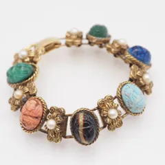 R243 ブレスレット カラーストーン風 マルチカラー フェイクパール ゴールドカラー デザイン コスチュームジュエリー