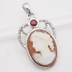 R357 シェルカメオ ペンダント トップ 女性横顔 ガーネット シルバーカラー デザイン チャーム ヘッド 1月誕生石