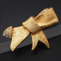 R205 SONIA RYKIEL ソニアリキエル ブローチ リボン ラインストーン ゴールドカラー デザイン コスチュームジュエリー