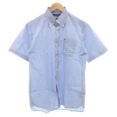 トミーヒルフィガー TOMMY HILFIGER ボタンダウンシャツ 半袖 ストライプ ロゴ刺繍 M 青 ブルー 白 ホワイト /GV