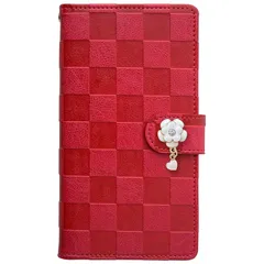 【新品】 PUレザー 手帳型 スマホケース iPhone用 17 Pro 互換性 対応ケース 合皮 市松模様 格子柄 花 ハート カード入れ マグネット ベルト ストラップ (ホットピンク) 1