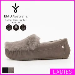 【新品・未使用】 モカシン レディース エミュオーストラリア EMU Australia スリッポン シューズ フラットシューズ ムートンシューズ スエード ファー ボア 防寒 保温 ラバーソール 靴 シューズ Smoke スモーク グレー W11705-CP