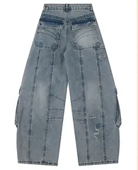 デニム ワイドパンツ カーゴパンツ レディース ダメージ加工 ビンテージ風 ルーズシルエット 体型カバー ストリート 韓国ファッション 春 秋 冬 ロング丈 ポケット多数 個性派 ゆったり バギーパンツ ブルー ジーンズ [1255]