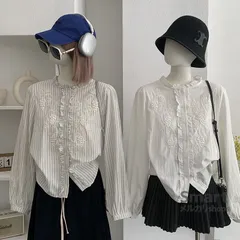 シャツ レディース スタンドカラー フリル シングルボタン 刺繍 花柄 長袖 レイヤード M260227-4