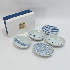有田焼　清秀 ◆【和食器】有田焼/染付幾何紋 三足楕円小鉢揃（5個組） 31789 ギフト 小鉢 ギフト【未使用】 