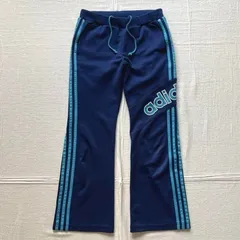 00s　archive　old adidas　オールドアディダス　両面ロゴプリント　#3ナンバリング刺繍　フレアシルエット　トラックパンツ　イージーパンツ　3 stripes　サイドライン　ネイビー　S　Y2K　平成ギャル　flare track pants