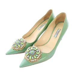 プラダ PRADA パンプス ポインテッドトゥ ハイヒール エナメル ビジュー 装飾 39 緑 グリーン /BB