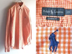 Ralph Lauren ラルフローレン CLASSIC FIT ポロポニーロゴ刺繍 ギンガムチェックBDシャツ S オレンジ 白 RN41381正規品 USA企画