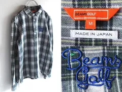 美品 BEAMS GOLF ビームスゴルフ ロゴ刺繍 コットン 鹿の子編み チェック ロングスリーブ ポロシャツ M ネイビー グリーン ホワイト 紺緑白