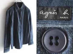希少 90s-00sビンテージ agnes b. アニエスベー アクリル混 コットン ストライプシャツ ネルシャツ 紺 ネイビー グレー 日本製 アーカイブ