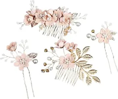 lulubelle 髪飾り 4点セット ヘアアクセサリー コーム Uピン ウェディング 和装 卒業式 (ピンク)