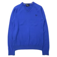 FRED PERRY Vネック メリノウール ニット セーター S ブルー ワンポイントロゴ刺繍 K8225