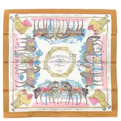 エルメス HERMES スカーフ カレ70 シルク キャラメル×ホワイト×ローズ 【Equipements a Cheval sur l'Elegance /エレガントな馬装品】  【箱】【中古】