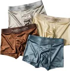 カロモンテ メンズ ボクサーパンツ 4枚セット 光沢感 高級サテン ツヤ感 しなやか肌触り 伸縮性 通気性 前閉じ 快適 インナー 男性用 日常着 下着 (シルバー、ブラウン、ゴールド、ブルー,  XL)