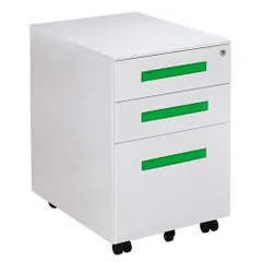 全新品 オフィスワゴン（ホワイト+グリーン）デスクワゴン 完成品 サイドワゴン 1年安心保証 オフィスワゴン 大容量 3段 組立て不要 キャスター付き 鍵付き ホワイト ブラック サイドデスク ワゴン A4 ファイルのサムネイル