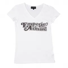 エンポリオアルマーニEMPORIO ARMANI スパンコールロゴVネックTシャツ 白黒38