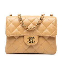 シャネル ミニマトラッセ ココマーク 斜め掛け チェーン ショルダーバッグ ベージュ キャビアスキン レディース CHANEL【243-38203】